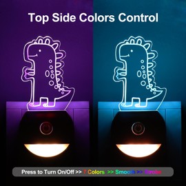 Joigivit Dual-Head Smart Dinosaur Night Lights [2 Pack] - 3000K Auto-Sensor Warm Light & 7-Color RGB Key-Control | Cute Room Decor, Bedroom, Bathroom Gift