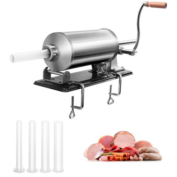 COSTWAY 3L/3.6L/4.8L Sausage Stuffer Machine, Horizontal Manual Meat Stuffing Filler with 3/4 Filling Tubes, Homemade Stainless Steel Sausage Maker for Household Commercial Use (8LBS/4.8L, 4 Tubes)