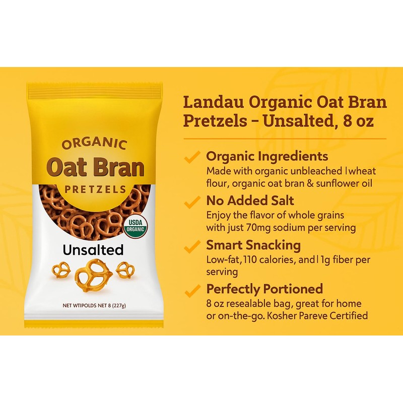 Organic Oat Bran Pretzels, Unsalted, 8 oz, USDA Organic, Kosher,