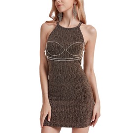 ANYFITTING Date Night Dresses for Women 2024 Concert Outfits Holiday Bodycon Mini Gold Dress