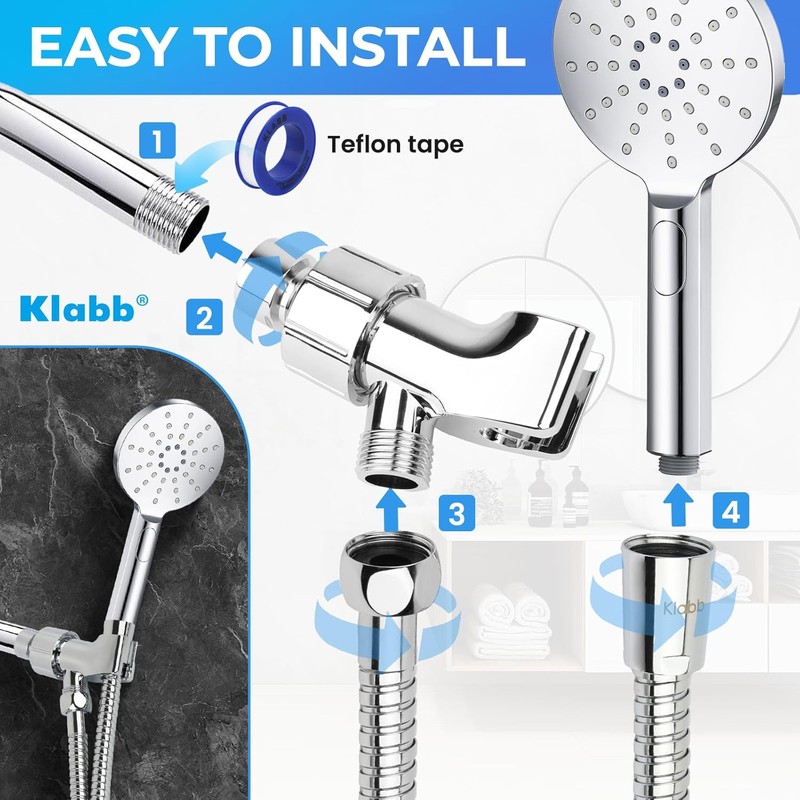 Klabb Adjustable Handheld Shower Head Holder and 79 Inch Hose,Premium