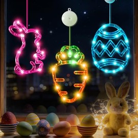 Juego de 3 luces de Pascua para ventana, funciona con pilas LED, con forma de huevo de zanahoria, con temporizador, rosa, naranja, verde, azul, para decoración interior del hogar