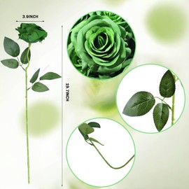 Artificial Green Roses Flowers, 12 Pcs Fake Rose in Bulk, Long Stem Realistic Silk Roses Bouquet for Spring Home Decor, St. Patrick's Day, Party Centerpieces, Flower Arrangement (Dark Green, 12-PCS)