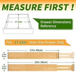 Aubeco Bamboo Drawer Organizers 4 Pack, 17-22" Adjustable Spring Loaded Dividers for Kitchen Utensils, Silverware, Clothes, Dresser, Bathroom and Office Storage