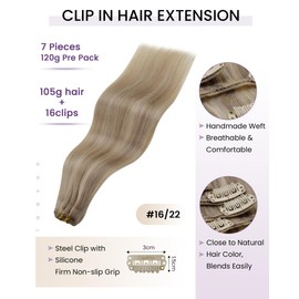 LaaVoo Human Hair Clip in Extensions Straight Clip in Hair Extensions Real Human Hair Golden Blonde Highlights Light Blonde Hair Extensions Clip ins Skin Weft 22Inch 120g 7pcs