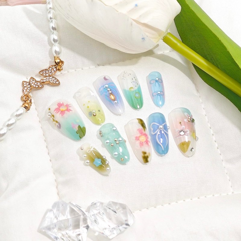 24Pcs Spring Press on Nails Medium Almond French Tip Fake