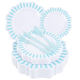 COLOSUS 150pcs Disposable Plastic Plates and Silverware set, Light Blue Printed Dinner/Dessert Plates silverware serve 30guests for Birthday Wedding Party and Daily use.