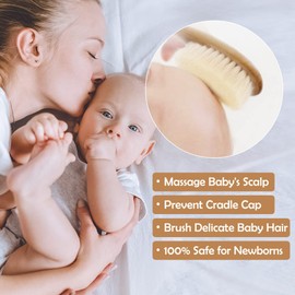 haakaa Wooden Baby Hair Brush for Newborns and Toddlers Baby Brush Natural Soft Goat Bristles Hairbrush, Ideal for Cradle Cap, Perfect Baby Registry Gift with Carry Pouch, 1PC