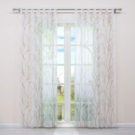 HongYa Tab-Top Curtain Transparent Voile Curtain with Loops Branches Pattern H/W 225/140 cm White Sand