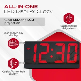 Caliber HCG006 Digitaler Wecker mit großem LED-Display, 2 Weckzeiten, Einstellbarer Snooze, dimmbar, Temperaturanzeige, Netz- und Batteriebetrieb – ideal für Reisen & Zuhause