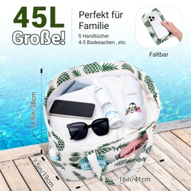 benpen XXL Family Beach Bag with Zip, Swimming Bag Large Women, Lightweight Beach Bag, Foldable, Large Swimming Pool Bag, Travel Bag for Picnic, Sauna Bag, Holiday Must Haves, White (green pineapple