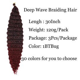 30 inch Ocean Wave Crochet Hair 1BTBug Deep Wave Curly Braiding Hair Extensions 3 packs Long Wavy Water Wave Braid For Women Synthetic Crochet Braids(30 inch, 1BTBug)