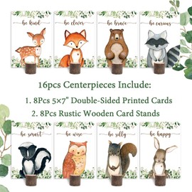 16Pcs Woodland Centerpieces and Wooden Stands, Woodland Animal Baby Shower for Table Decorations, Double Side Forest Themed Birthday Party Supplies, Wild One Birthday Party Decorations for Boys Girls