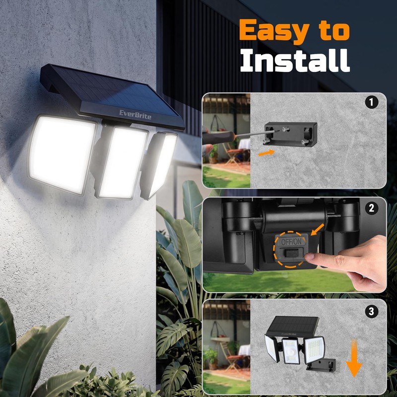 EverBrite 2PK Solar Motion Sensor Lights, 3 Heads, IP65 Waterproof