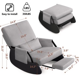 FelixKing Rocking Chair Nursery, Foldable Glider Chair, Upholstered Rocking Chair with Side Pocket and Foot Rest, Comfortable Modern Accent Armchair Recliner for Mom Nursery Living Room Bedroom Grey