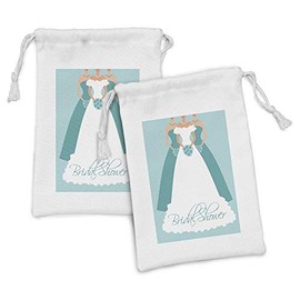 Ambesonne Bridal Shower Fabric Pouch Set of 2, Bride with Her Bridemaids Flowers Celebration Party Artwork, Small Drawstring Bag for Toiletries Masks and Favors, 9" x 6", Turquoise Blue and White