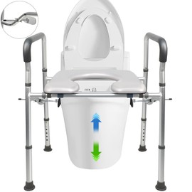 TOOCUST Height Adjustable Toilet Seat with Handles, Total Reinforced Extra Wide High Toilet Seat for Seniors with Seat Position Locate Clamp,Raised Toilet Seat with Handles,Load Bearing 440 Pounds