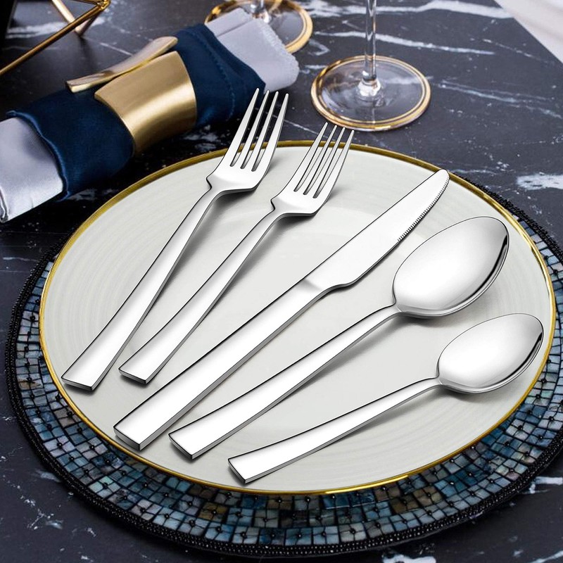 LIANYU 50-Piece Silverware Set, Stainless Steel Square Flatware Cutlery Set