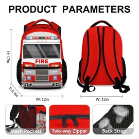 GIHSWE School Backpacks for Boys, 17 inches Back to School Supplies for Kids Children, Fire Truck Bookbag with Pockets for Kindergarten Preschool, Cartoon Schoolbag for Truck Lovers