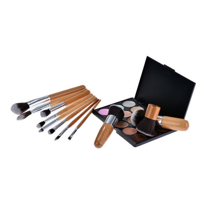 Makeup Brush Set Cream Concealer Palette Wooden Bamboo Handle Carrying