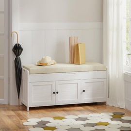 ROOMTEC 43.5" Shoe Storage Bench for Entryway, Bench with Shoe Storage, Storage Bench with Cushion and Hidden Storage, Shoe Bench with Storage for Entryway, Hallway, Mudroom and Living Room, White
