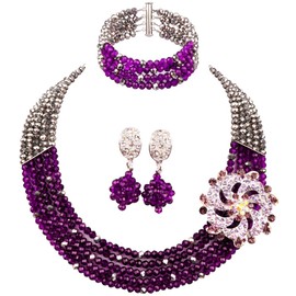 aczuv 5 Rows Women's Fashion African Beads Nigerian Necklace Bridal Wedding Jewelry Sets (Silver Purple)