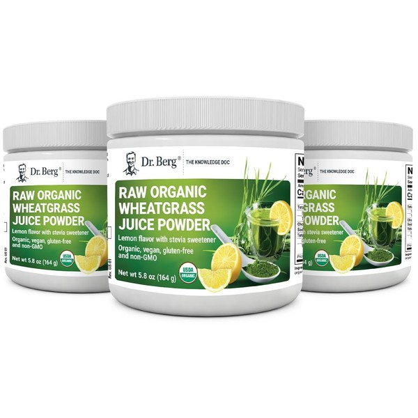 Dr. Berg's Raw Wheatgrass Juice Powder (60 Servings) - USDA Certified Organic Wheatgrass Powder w/ Chlorophyll, Trace Minerals & Natural Enzymes - Ultra-Concentrated - Lemon Flavor w/ Stevia 3 Pack
