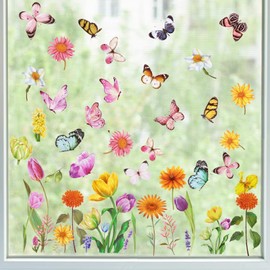 9 Sheets Spring Summer Window Stickers Tulips Flower Window Clings Double-Sided Stained Glass Clings Floral Window Clings for Spring Summer Window Decorations