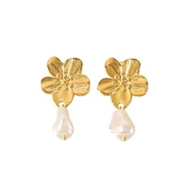 Women's Gold Stud Earrings Stainless Steel Gold Flower Earrings 14K Gold Plated Baroque Pearl Statement Earrings Trendy Jewelry-Pearl