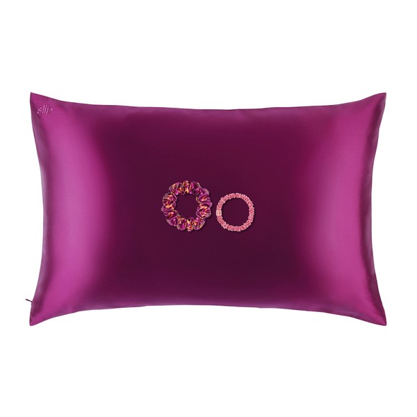 Slip Silk Blossom Nights Gift Set - High Quality 100% Mulberry Silk Sleep Accessories - 1 x Pillow Case, 1 x Large Scrunchie, 1 x Skinny Scrunchie - Three Piece Set, Purple
