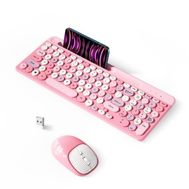 Retro Wireless Keyboard with Round Keycaps, 2.4GHz Full-Size USB Cute Wireless Keyboard Mouse for Computer, Desktop, Laptop and Computer (Pink-Colorful)