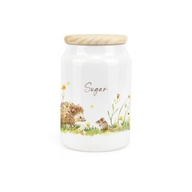 Purely Home Hedgehog & Mouse Ceramic Sugar Storage Canister - Woodland Wildlife & Scenery Artwork Kitchen Food Storage Container & Wooden Lid 600ml (14.5cm x 9.5cm)
