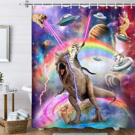 Uokiuki Funny Cat Shower Curtain Boys Kids Bathroom Decor, Cool Riding Dinosaur On Fantasy Galaxy Hilarious Curtain, Funky Outer Space Universe Anime Fabric with 12PCS Hooks, 70X70IN