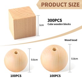 300 Pcs Cube Wood Blocks, 2 Packs of 200 Pcs Wood Beads, Small Wood Cubes, Wood Blocks for Crafts, Mini Wood Cubes
