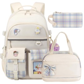 KIDNUO Backpack for Girls 15.6 Inch Laptop School Bag Kids Elementary College 3pcs Backpacks Lunch box Pencil Case Set Bookbags for Girls Teen Women Student Beige