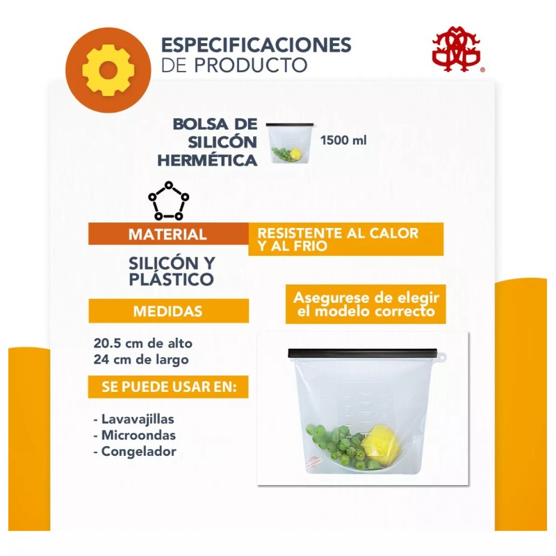 J.H. Company Bolsa Silicon Reusable Antiderrames Herméticas 1500 Ml