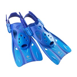 Reef Tourer RF0106P Snorkel Fins for Kids and Adults, Adjustable Open Heel, Compact Short Blade Swimming Snorkeling Flippers, Travel Size, Blue, Large