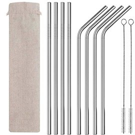Electriduct Set of 8 Stainless Steel Reusable Metal Drinking Straws with Cleaning Brushes and Pouch. 8.5 Inch Straw fits 20 oz Yeti Rtic Tumblers