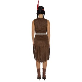 MIMIKRY Women's Indian Costume in Suede Look Brown Dress with Fringes Belt Headband Squaw Western Wild West Size: S