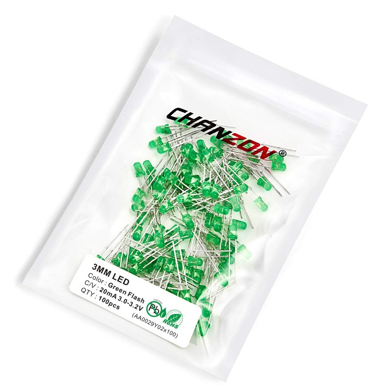 CHANZON 100 pcs 3mm Blinking Green LED Diode Lights 1.5Hz