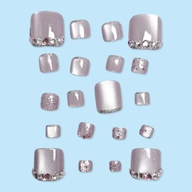 Rhinestone Press on Toenails Short Square Stick on Toenails with Eye Cat Design Glitter French Tips Fake Toenails Summer False Toenails Full Cover Glossy Purple Toenails for Women Girls Manicure 24Pcs