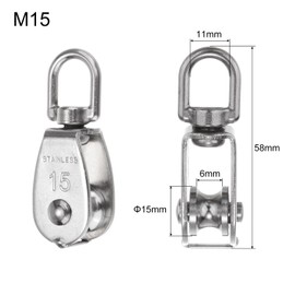 sourcing map 10pcs M15 Single Pulley Block, 304 Stainless Steel Hanging Wire Towing Wheel, Lifting Crane Swivel Hook, Rope Cable Pulley Roller