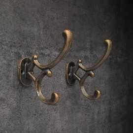 BROOK AND BIRCH Antique Brass Coat Hooks Wall Mounted Iron Hooks Farmhouse Double Hooks for Hanging Towels Hats Bags - Set of 2