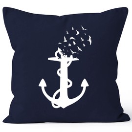 MoonWorks® Cushion Cover Anchor Motif Birds Print Maritime Nordic Printed Decorative Cushion Navy 40 cm x 40 cm