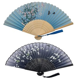 Kibon Folding Fans, Handheld Fans, 2 PCS Hand Fans, Bamboo Fans with Tassel for Birthday Gifts Dancing Cosplay Wedding Party Props Decoration, Blue and Black