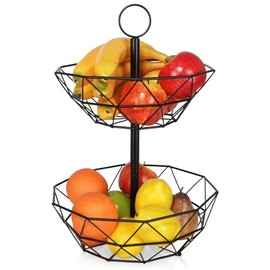 VILDE Metal Fruit and Vegetable Basket | Storage Basket | Fruit Stand 2-Tier | Geometric LOFT Style | Black Industrial Bowl