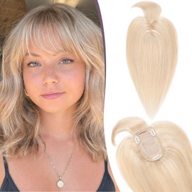 TESS Hair Topper Real Hair Blonde Balayage 7 x 13 cm Base Toupee Women's #18P613 Golden Blonde / Blonde with Fringe Hair Topper Real Hair 53 g 45 cm Hair Topper Clip in Hairpiece Extensions