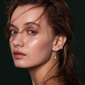 VENACOLY Evil Eye Earrings 925 Sterling Silver Double Piercing Earrings with Hamsa Motifs Evil Eyes Jewellery Gifts for Women, Sterling Silver, Cubic Zirconia