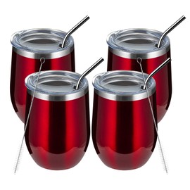 MEWAY 12oz/4 Pack Wine Tumbler Glasses with Lid - Stemless Double Wall Vacuum Stainless Steel Travel Tumbler - Keeping Cold & Hot for Wine,Coffee,Cocktails,Gifts (Burgundy,Set of 4)