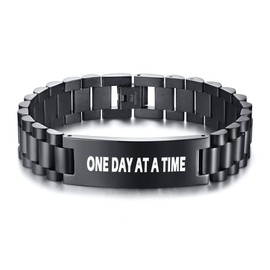 MEALGUET Sobriety Gifts for Men : One Day at a Time Bracelet Engraved Recovery Quote Masculine Stainless Steel Link Bracelet for him,Inspirational Gift Idea Jewelry for Son Dad Husband,Memorial Gift